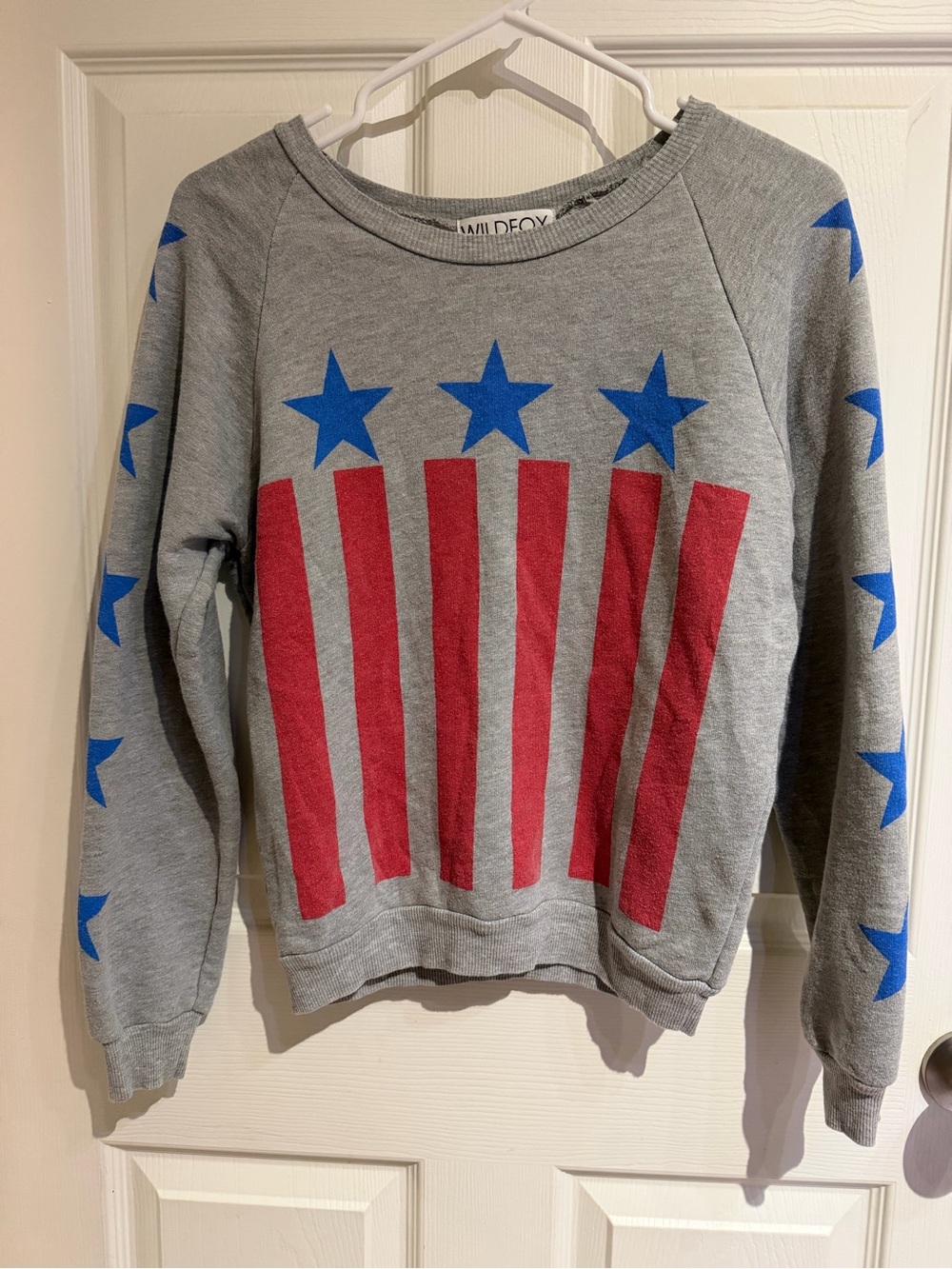 Wildfox Grey Crewneck Sweater with Red Stripes and Blue Stars XS